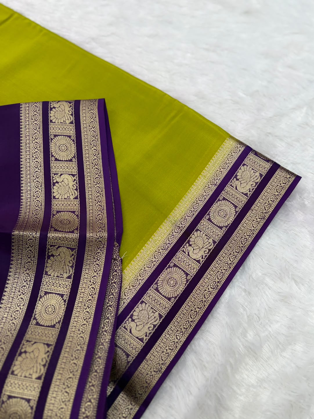 Chartreuse Green & Purple Gold Zari Semi-Crepe Saree