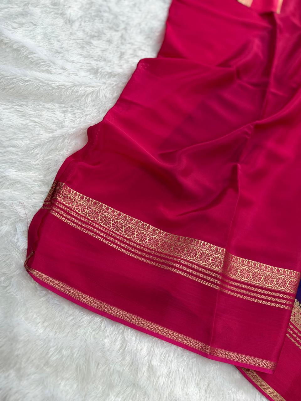 Royal Purple & Magenta Gold Zari Semi-Crepe Saree