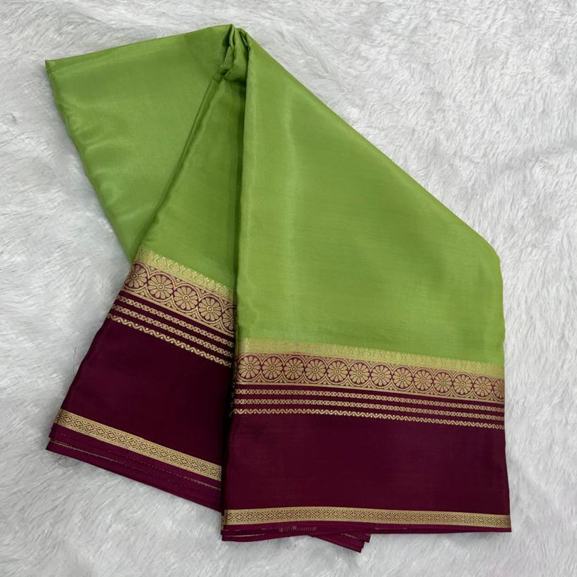 Deep Parrot Green & Maroon Gold Zari Semi-Crepe Saree