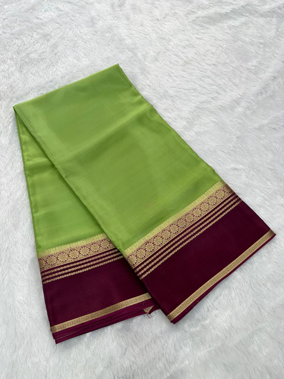 Deep Parrot Green & Maroon Gold Zari Semi-Crepe Saree