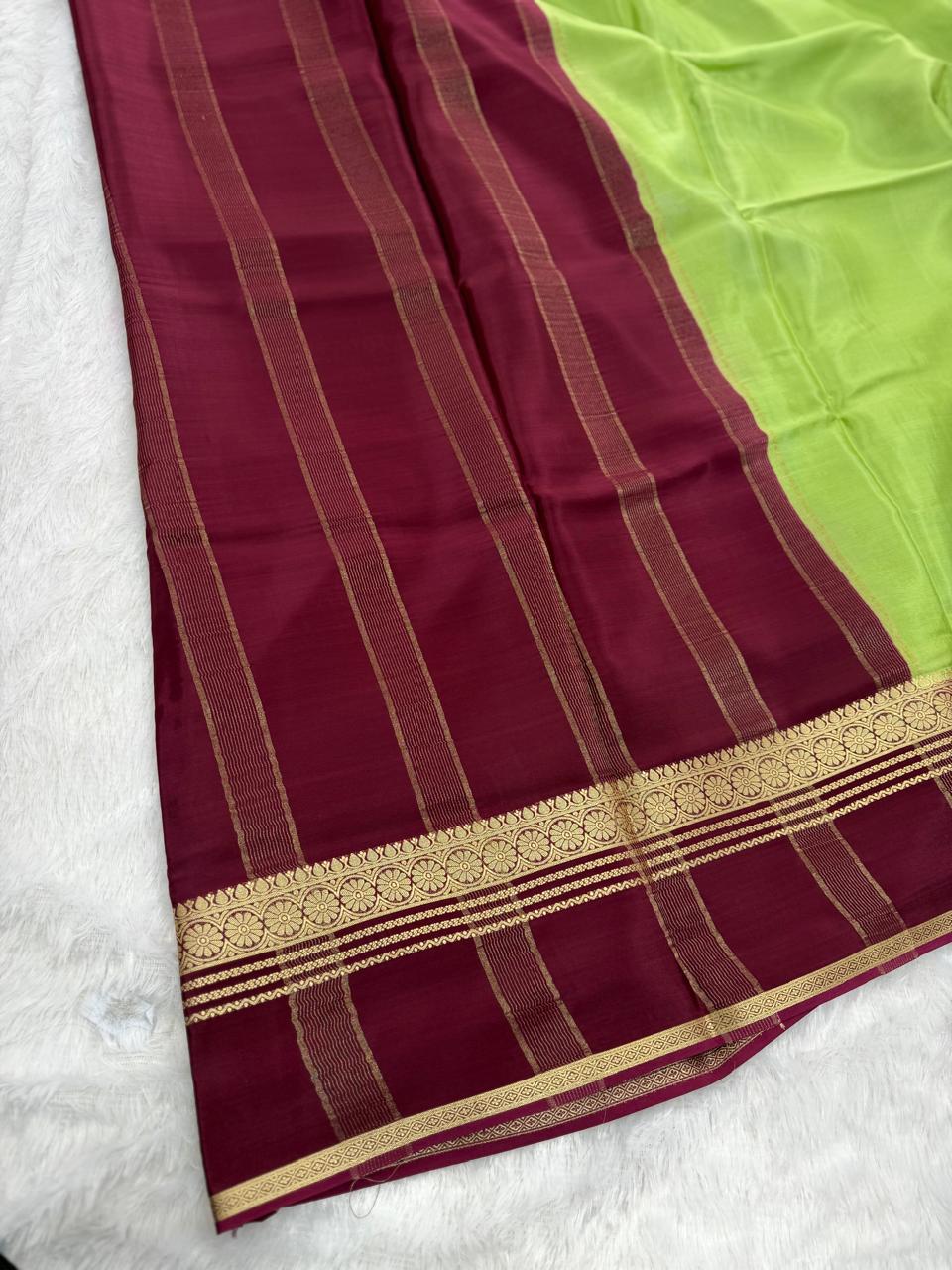 Deep Parrot Green & Maroon Gold Zari Semi-Crepe Saree