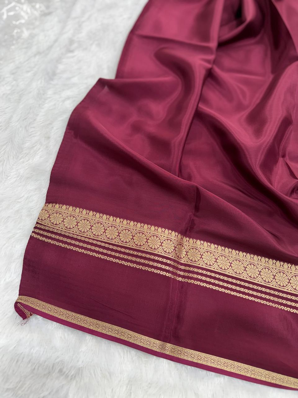 Deep Parrot Green & Maroon Gold Zari Semi-Crepe Saree