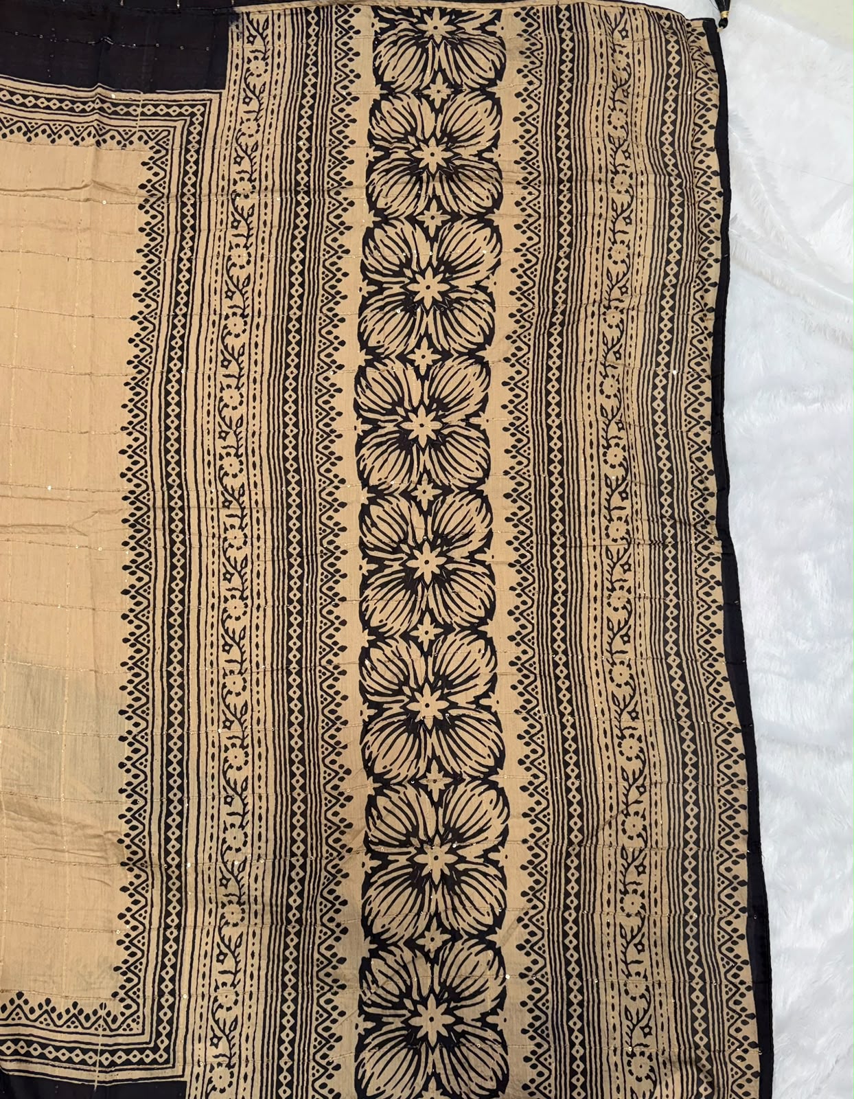 warm beige and classic black heritage mullcotton saree