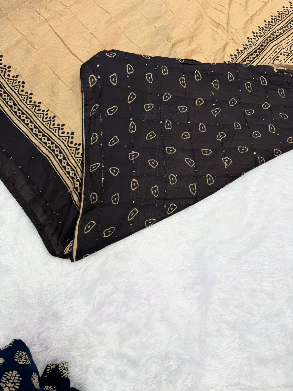 warm beige and classic black heritage mullcotton saree