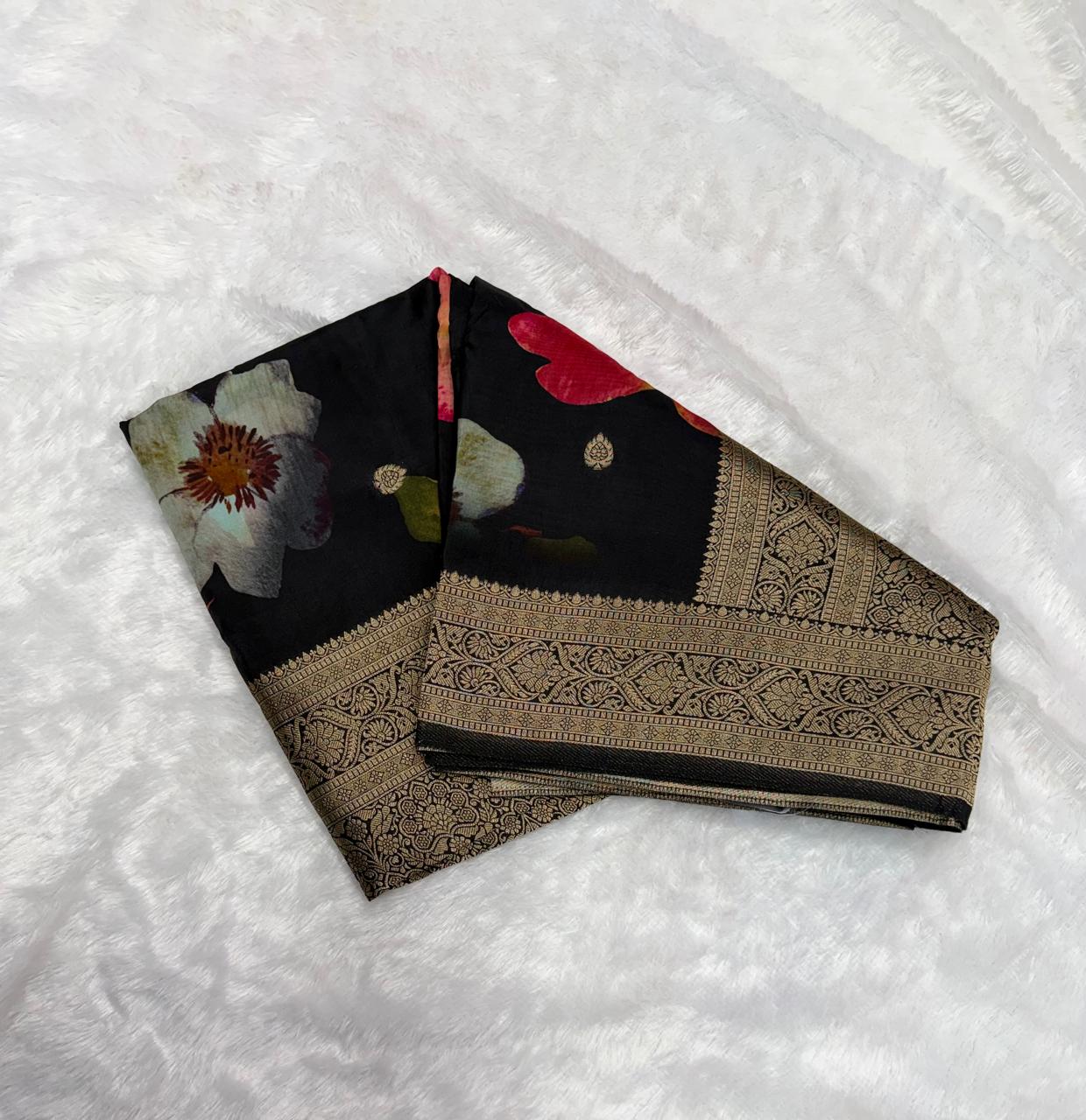 Black & Antique Gold Floral Muslin Crepe Saree