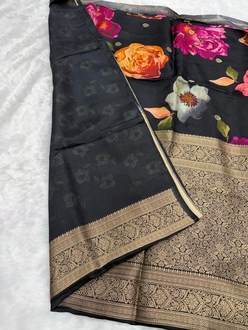 Black & Antique Gold Floral Muslin Crepe Saree