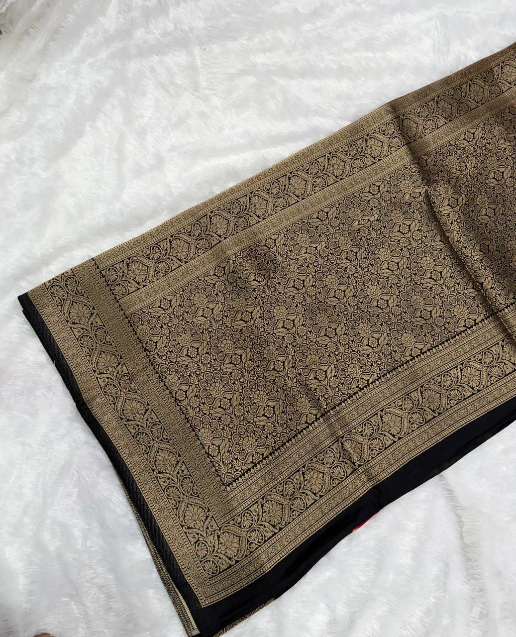 Black & Antique Gold Floral Muslin Crepe Saree