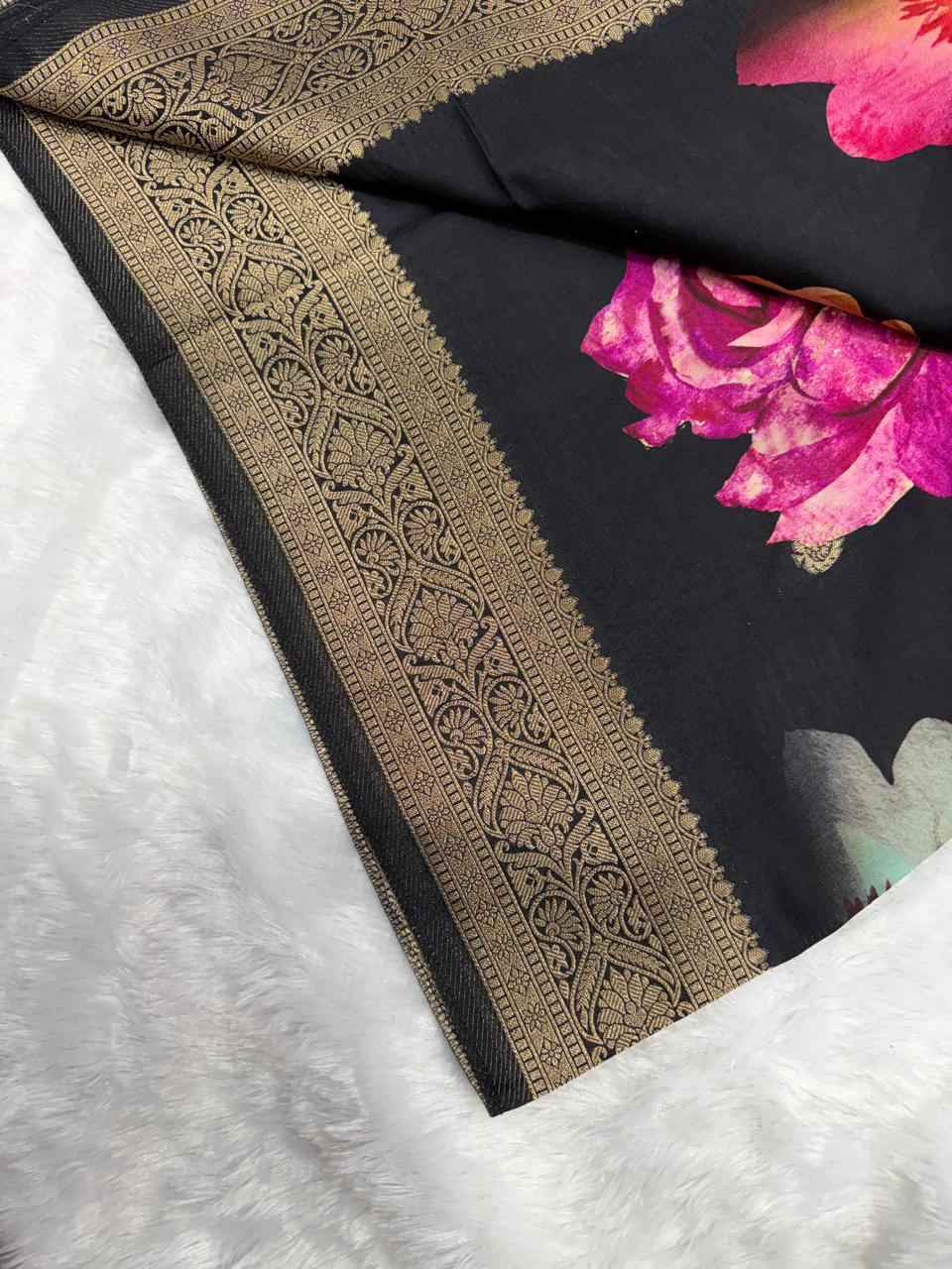 Black & Antique Gold Floral Muslin Crepe Saree