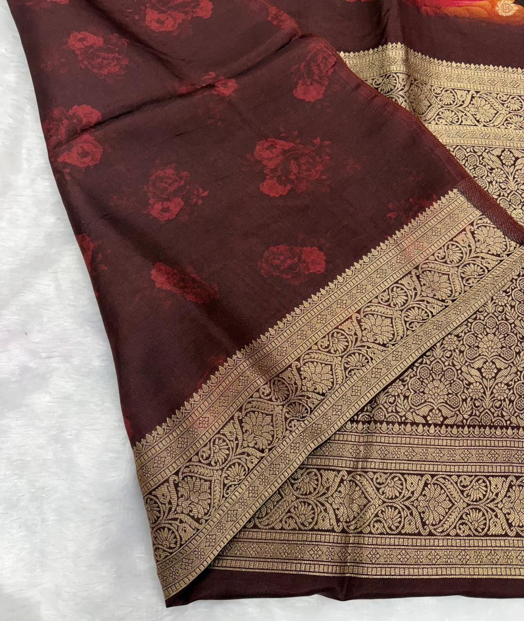 dark brown & Antique Gold Floral Muslin Crepe Saree
