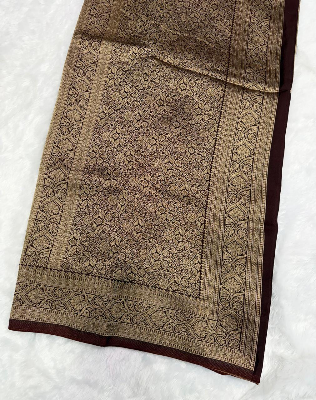 dark brown & Antique Gold Floral Muslin Crepe Saree