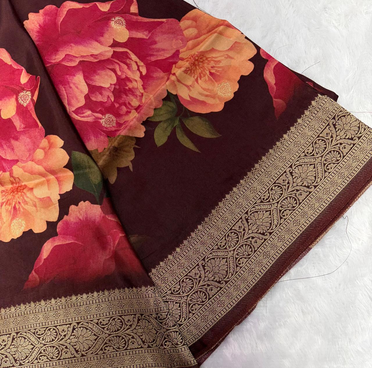 dark brown & Antique Gold Floral Muslin Crepe Saree