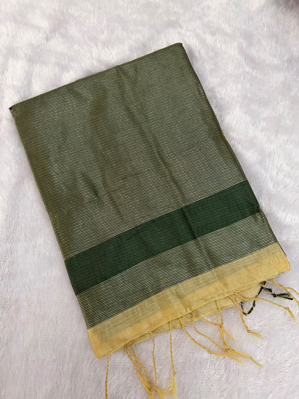 Mustard Gold Chanderi Cotton Saree with Green Butta & Elephant Zari Motifs