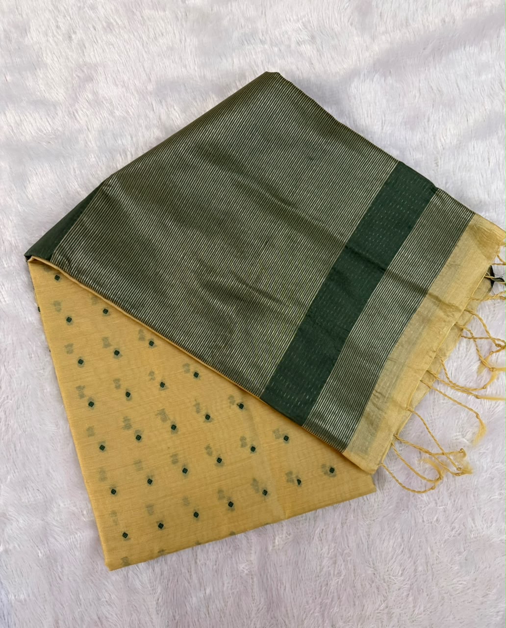 Mustard Gold Chanderi Cotton Saree with Green Butta & Elephant Zari Motifs