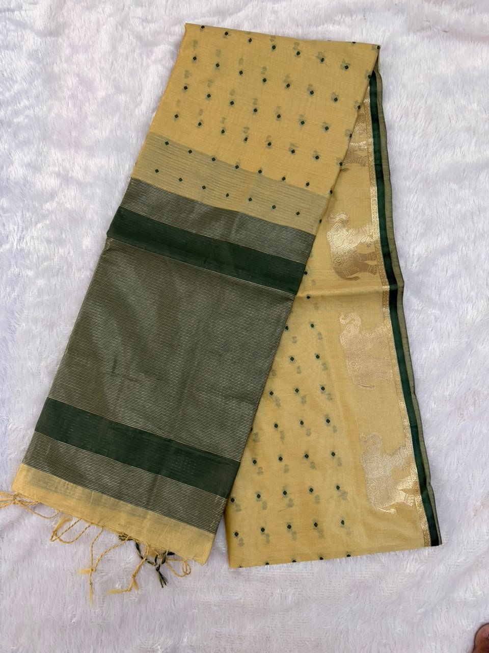 Mustard Gold Chanderi Cotton Saree with Green Butta & Elephant Zari Motifs