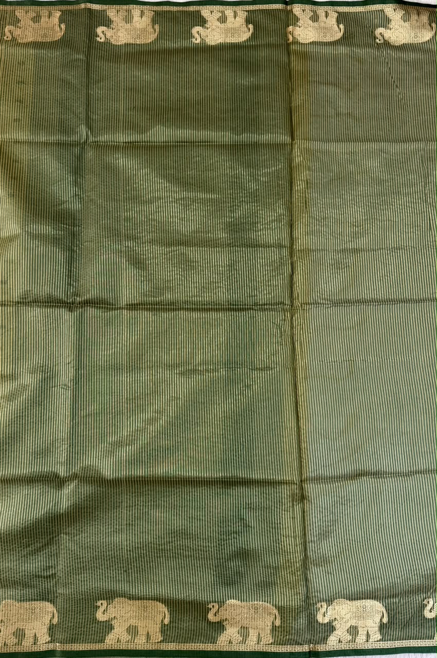 Mustard Gold Chanderi Cotton Saree with Green Butta & Elephant Zari Motifs