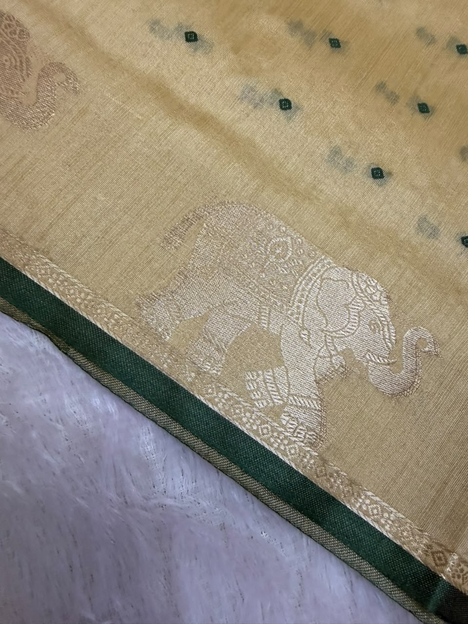 Mustard Gold Chanderi Cotton Saree with Green Butta & Elephant Zari Motifs