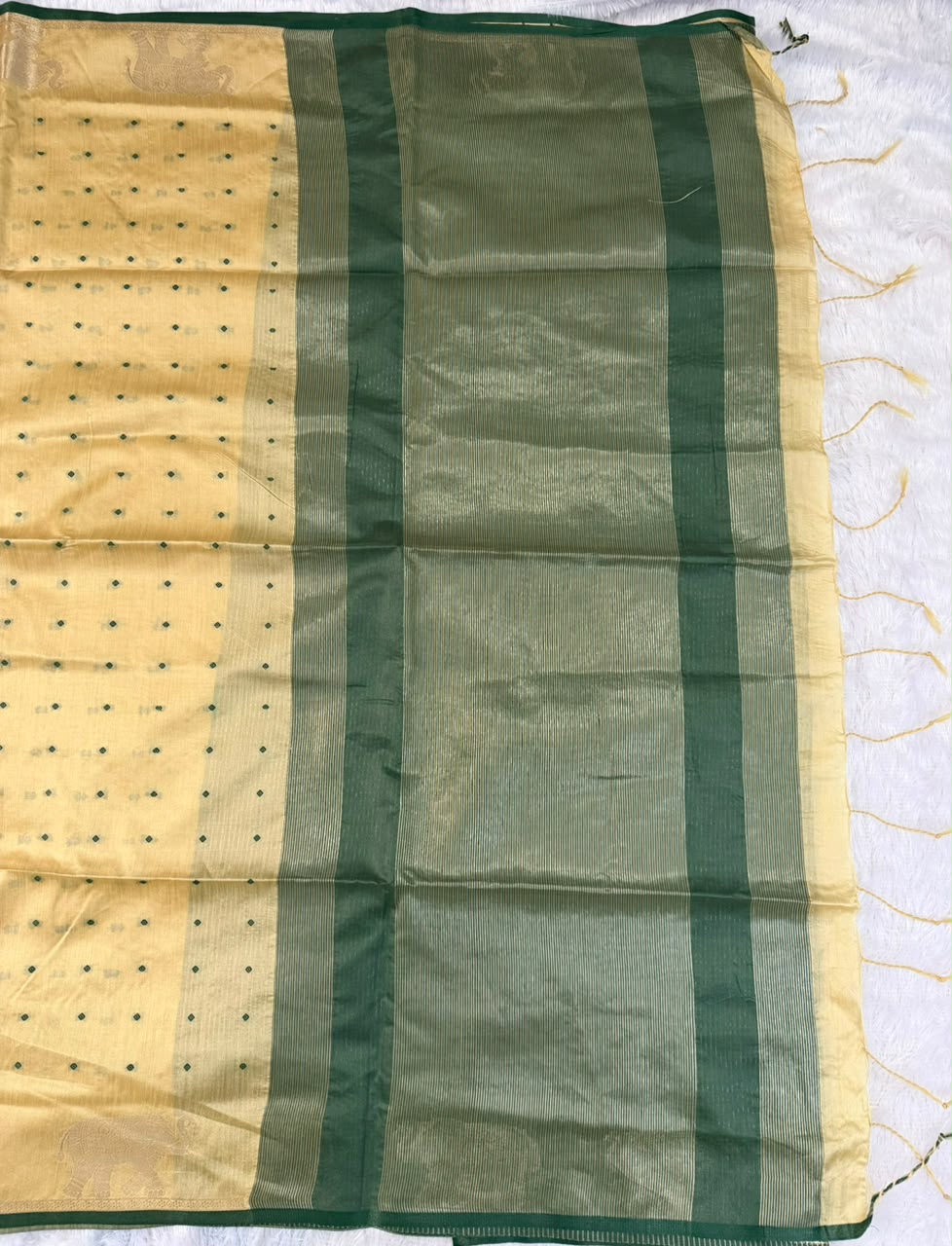 Mustard Gold Chanderi Cotton Saree with Green Butta & Elephant Zari Motifs
