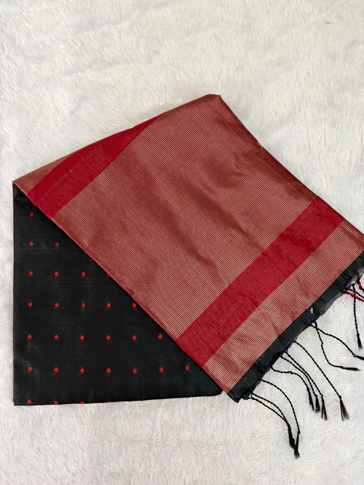 Black Chanderi Cotton Saree with Red Butta & Elephant Zari Motifs