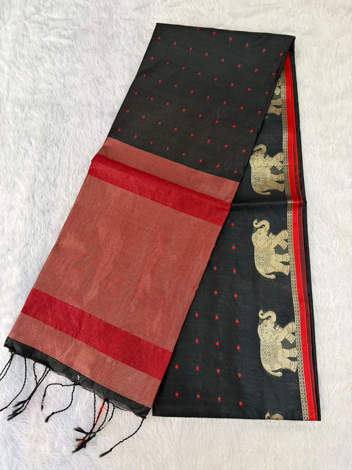Black Chanderi Cotton Saree with Red Butta & Elephant Zari Motifs