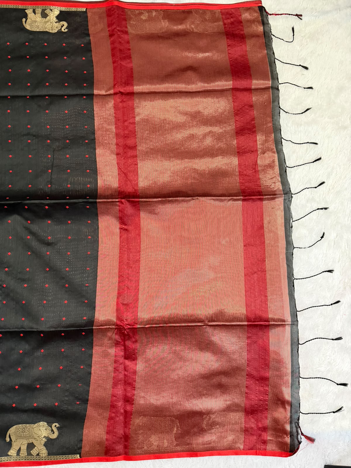 Black Chanderi Cotton Saree with Red Butta & Elephant Zari Motifs