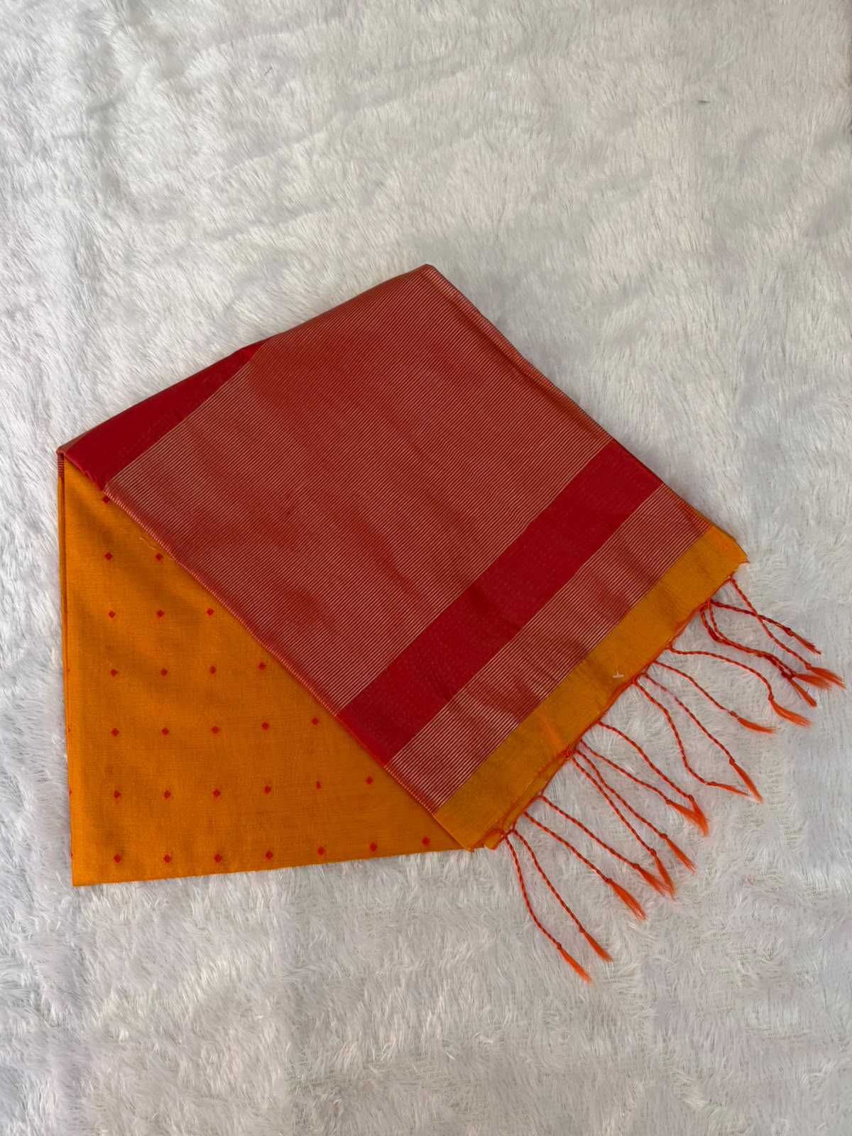 Mustard Gold Chanderi Cotton Saree with Red Butta & Elephant Zari Motifs