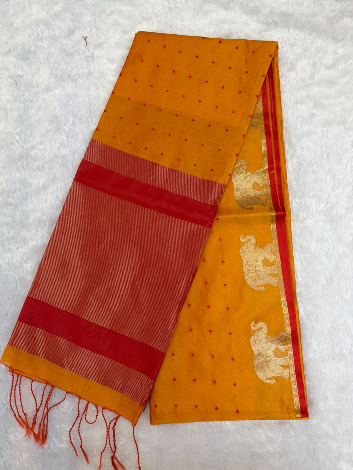 Mustard Gold Chanderi Cotton Saree with Red Butta & Elephant Zari Motifs