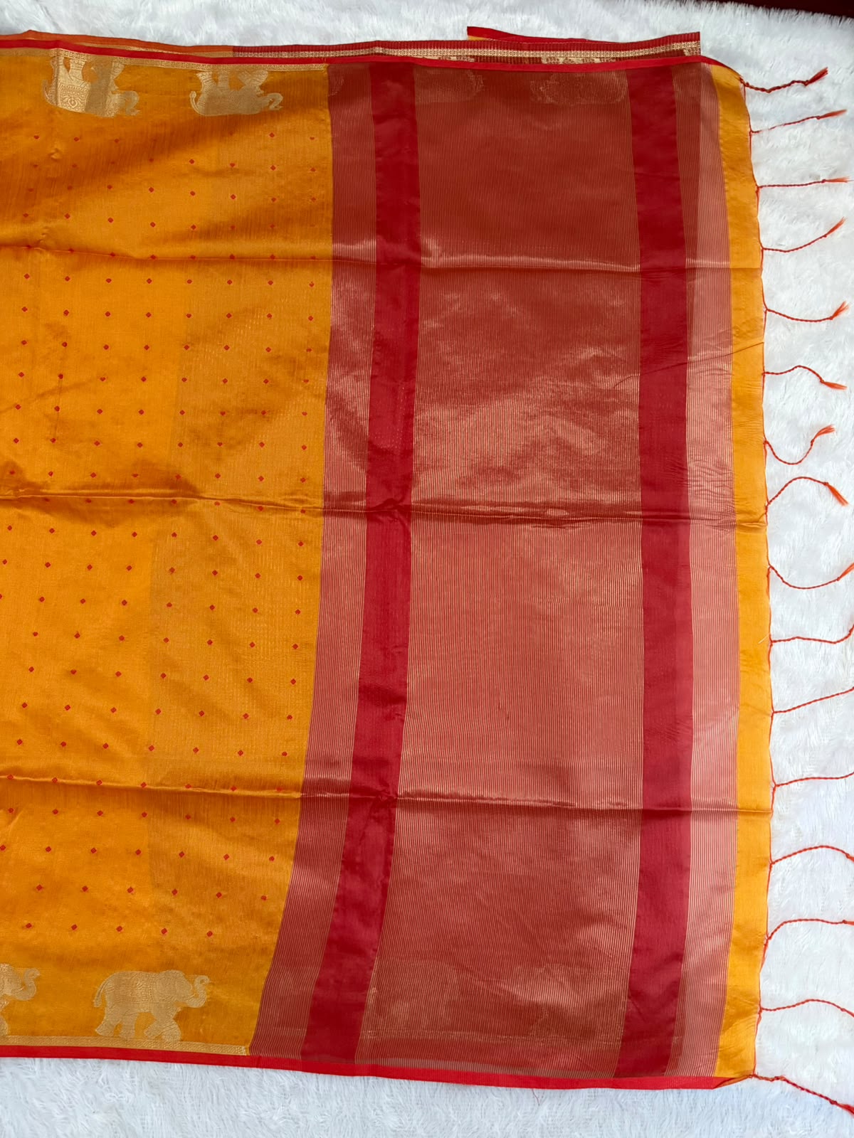 Mustard Gold Chanderi Cotton Saree with Red Butta & Elephant Zari Motifs