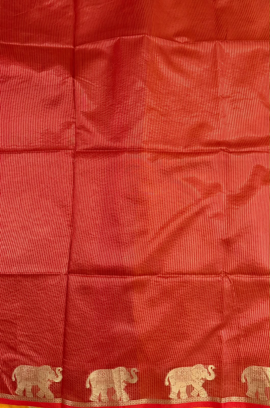 Mustard Gold Chanderi Cotton Saree with Red Butta & Elephant Zari Motifs