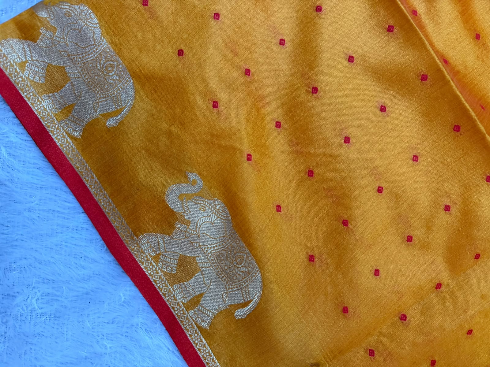 Mustard Gold Chanderi Cotton Saree with Red Butta & Elephant Zari Motifs