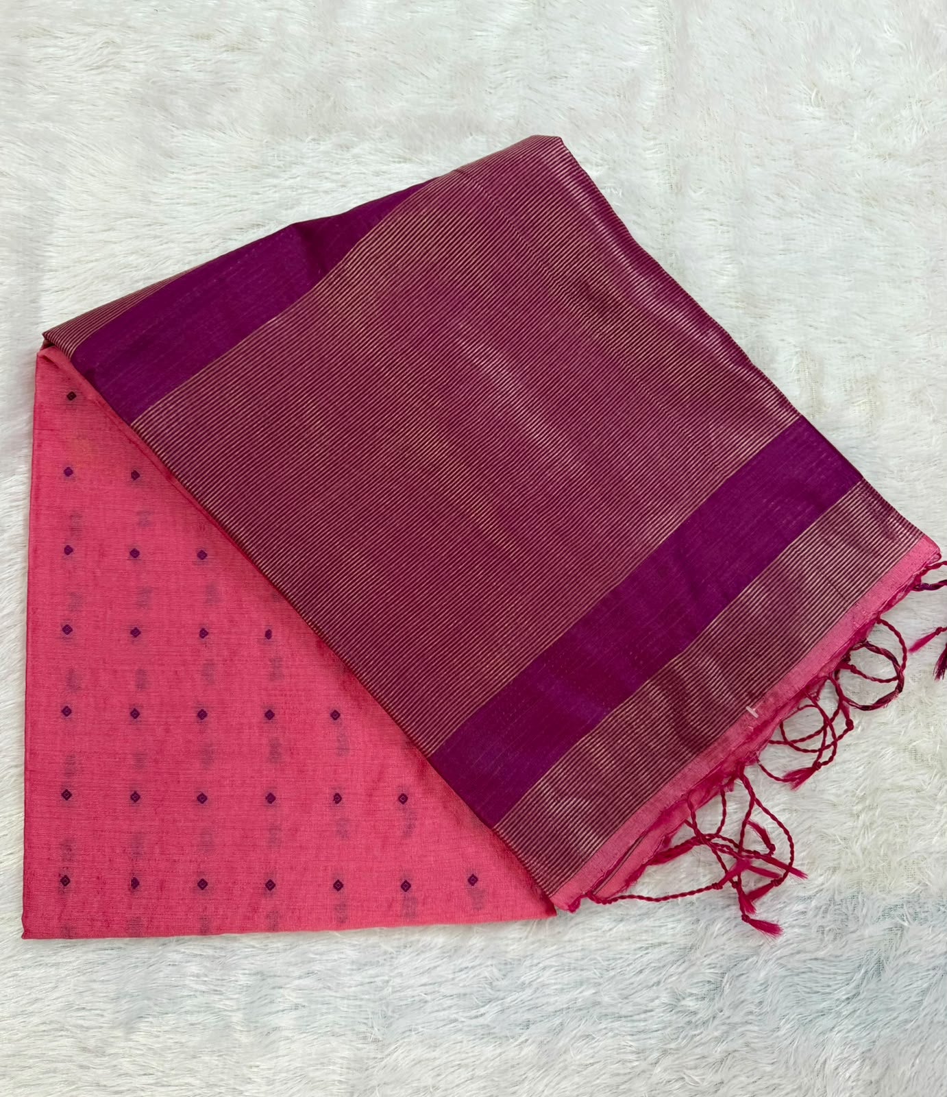 Vibrant Pink Chanderi Cotton Saree with Purple Butta & Elephant Zari Motifs