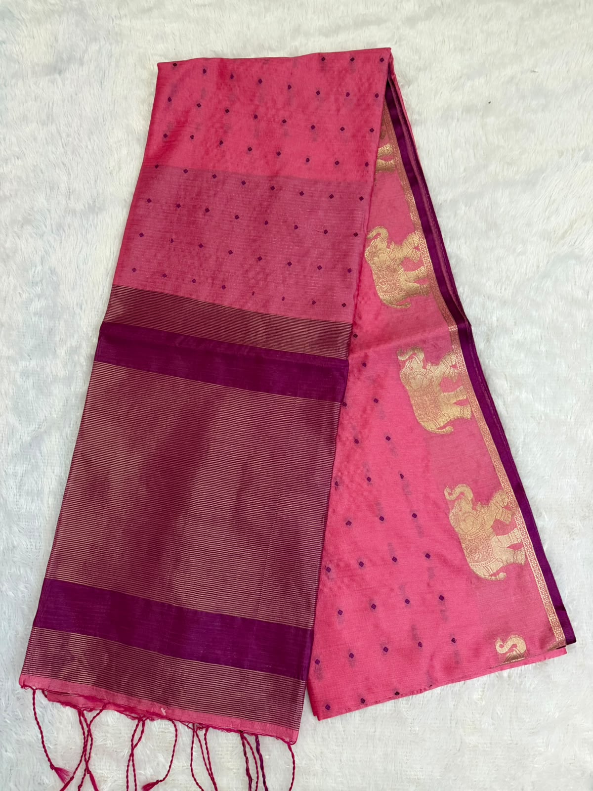 Vibrant Pink Chanderi Cotton Saree with Purple Butta & Elephant Zari Motifs