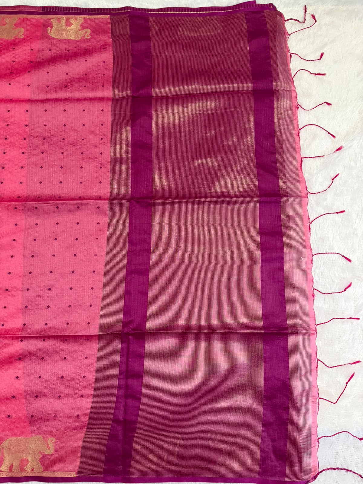Vibrant Pink Chanderi Cotton Saree with Purple Butta & Elephant Zari Motifs