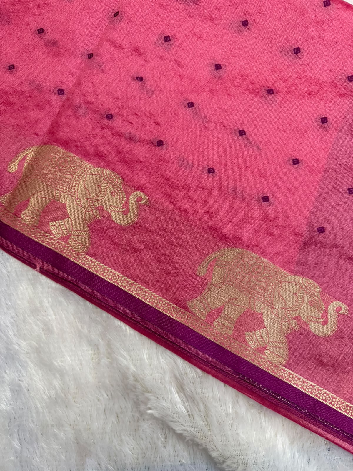 Vibrant Pink Chanderi Cotton Saree with Purple Butta & Elephant Zari Motifs