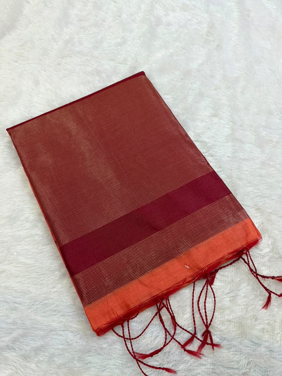 Coral Orange Chanderi Cotton Saree with Maroon Butta & Elephant Zari Motifs