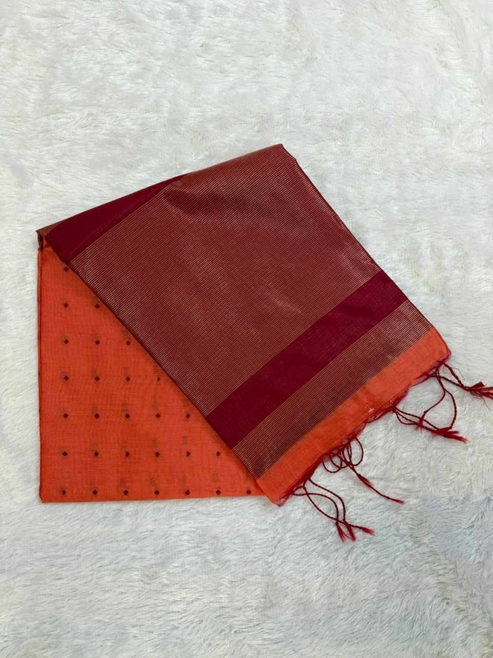Coral Orange Chanderi Cotton Saree with Maroon Butta & Elephant Zari Motifs