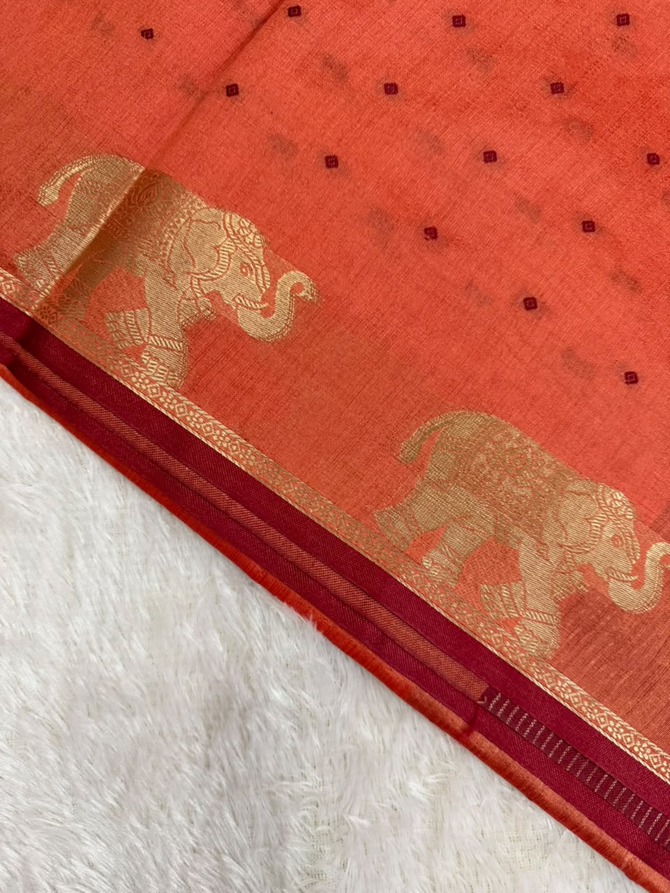 Coral Orange Chanderi Cotton Saree with Maroon Butta & Elephant Zari Motifs