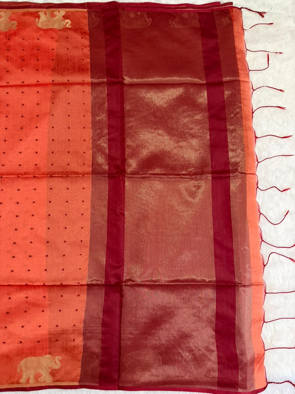 Coral Orange Chanderi Cotton Saree with Maroon Butta & Elephant Zari Motifs