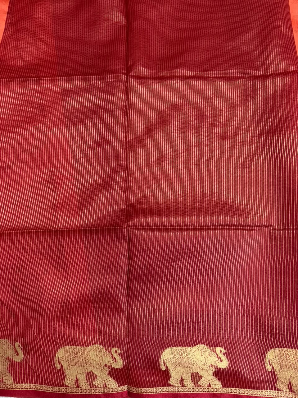 Coral Orange Chanderi Cotton Saree with Maroon Butta & Elephant Zari Motifs