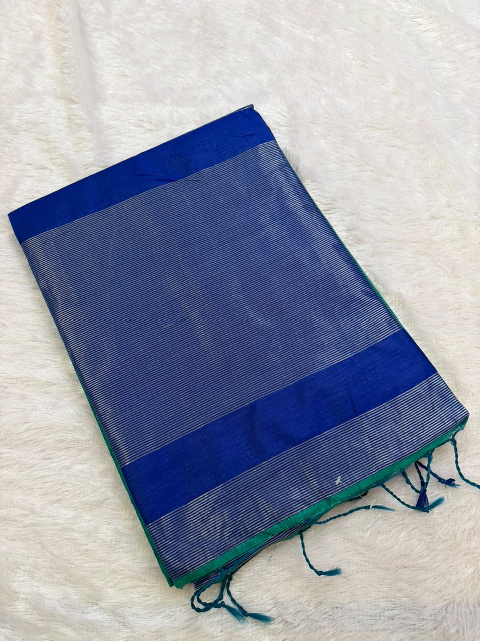 Blue and Green Chanderi Cotton Saree with Maroon Butta & Elephant Zari Motifs
