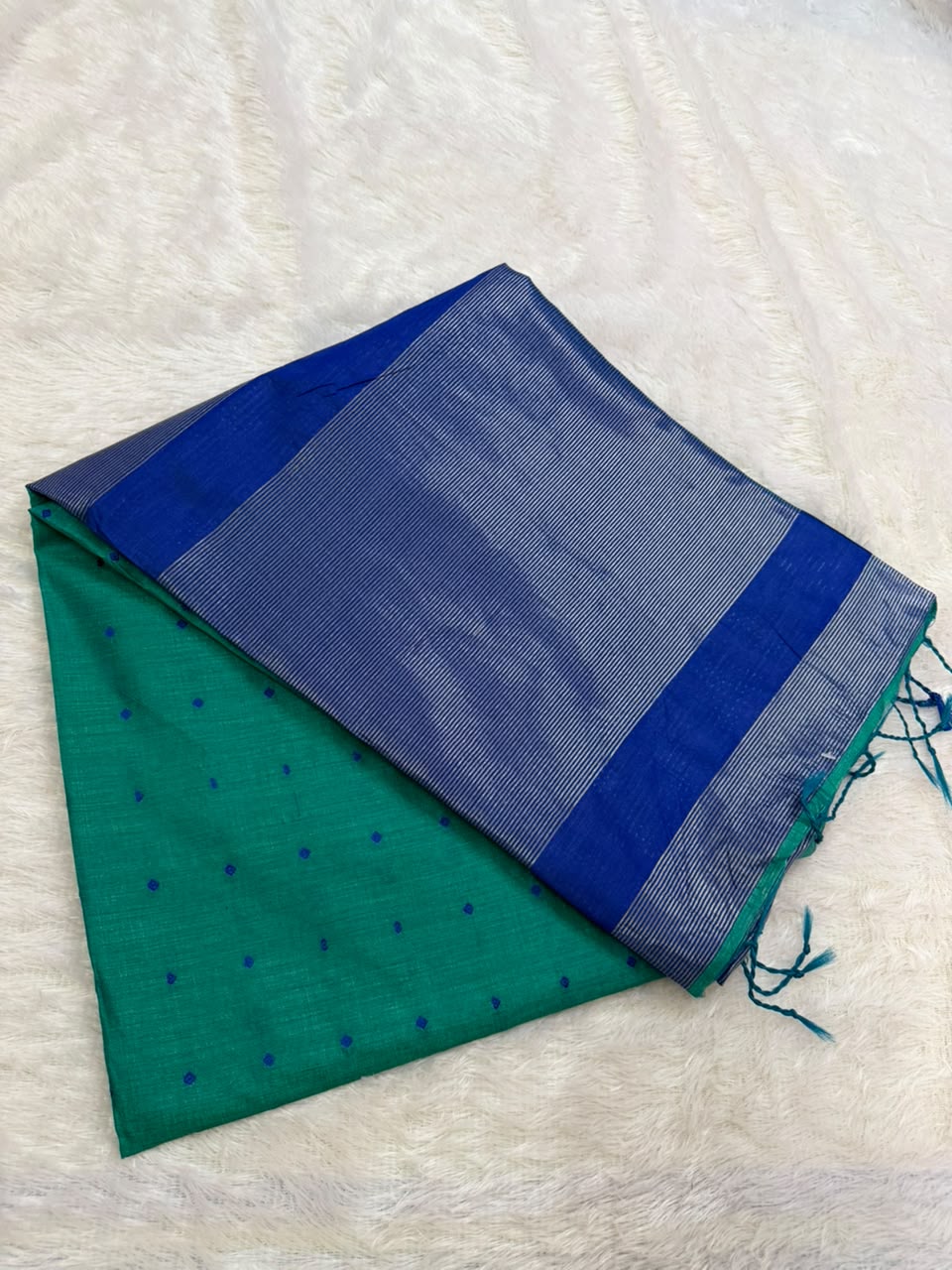Blue and Green Chanderi Cotton Saree with Maroon Butta & Elephant Zari Motifs
