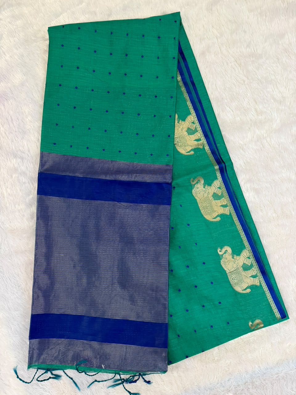 Blue and Green Chanderi Cotton Saree with Maroon Butta & Elephant Zari Motifs
