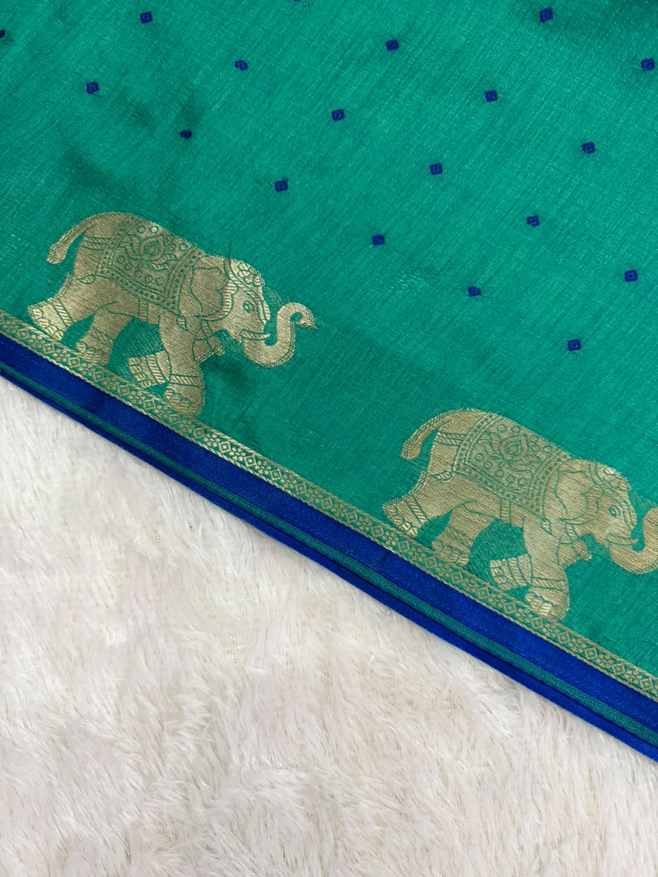 Blue and Green Chanderi Cotton Saree with Maroon Butta & Elephant Zari Motifs
