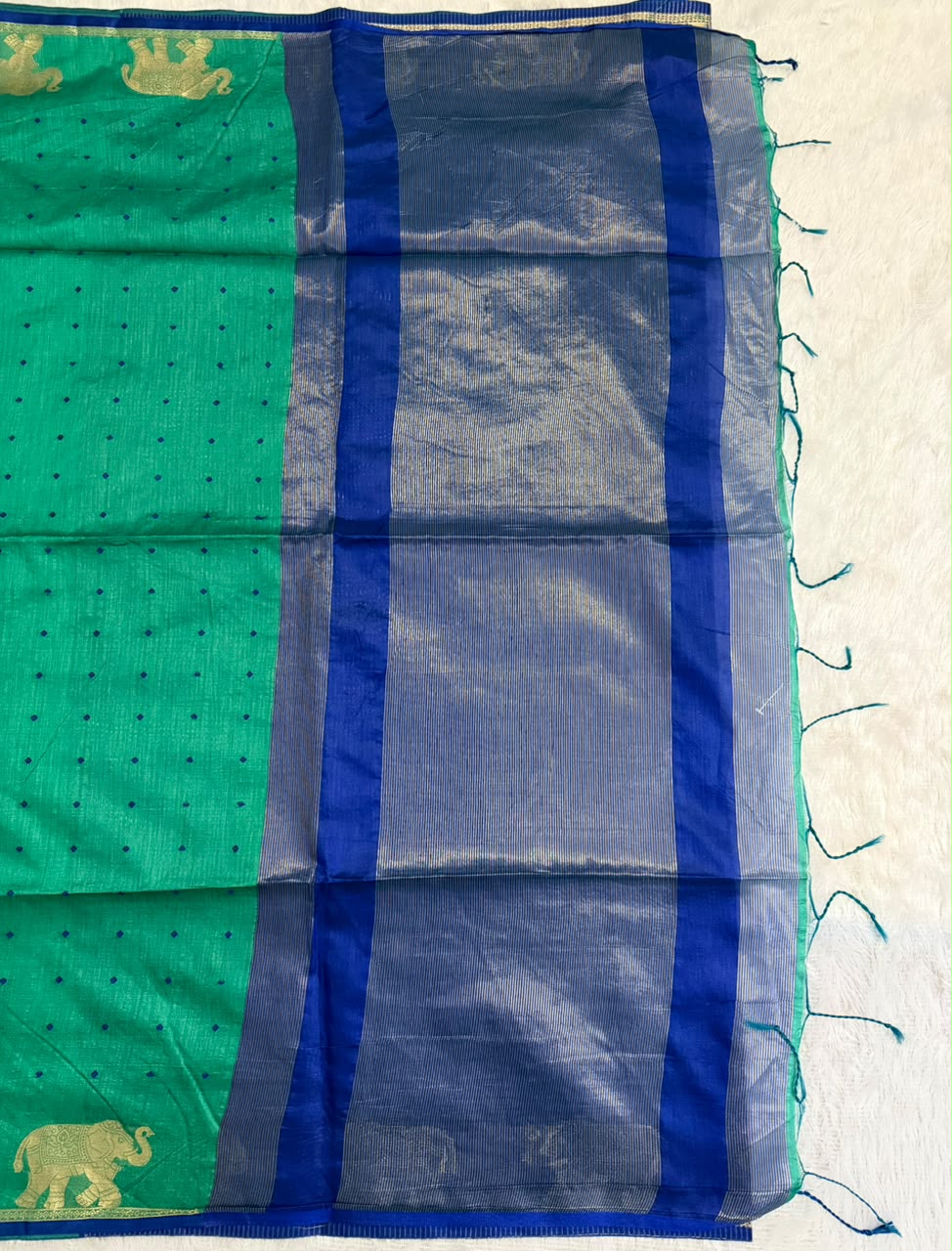 Blue and Green Chanderi Cotton Saree with Maroon Butta & Elephant Zari Motifs