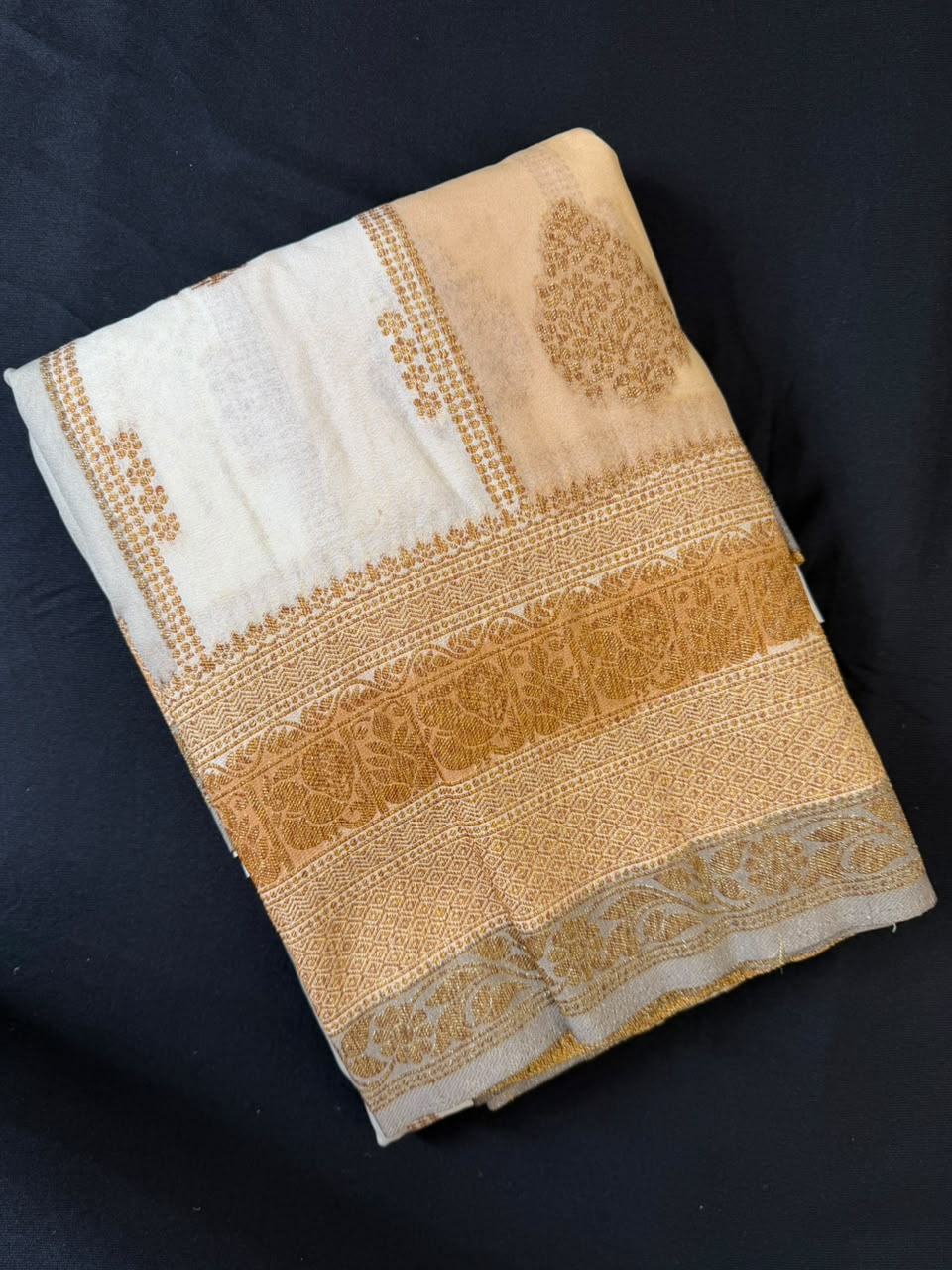 Ivory, Soft Peach & Warm Beige Zari Kaddi Georgette Saree