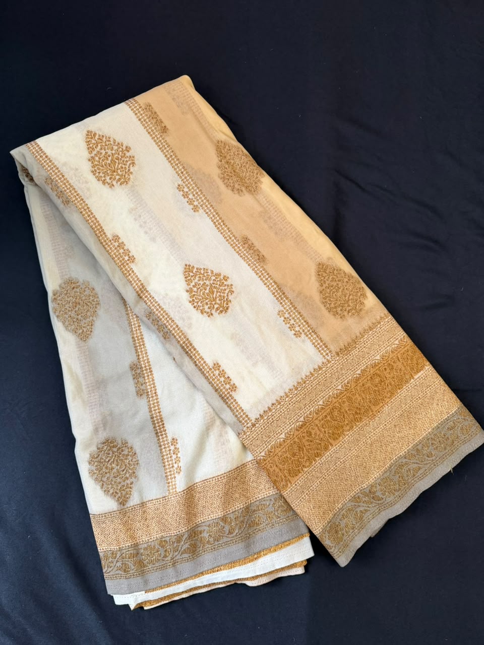 Ivory, Soft Peach & Warm Beige Zari Kaddi Georgette Saree