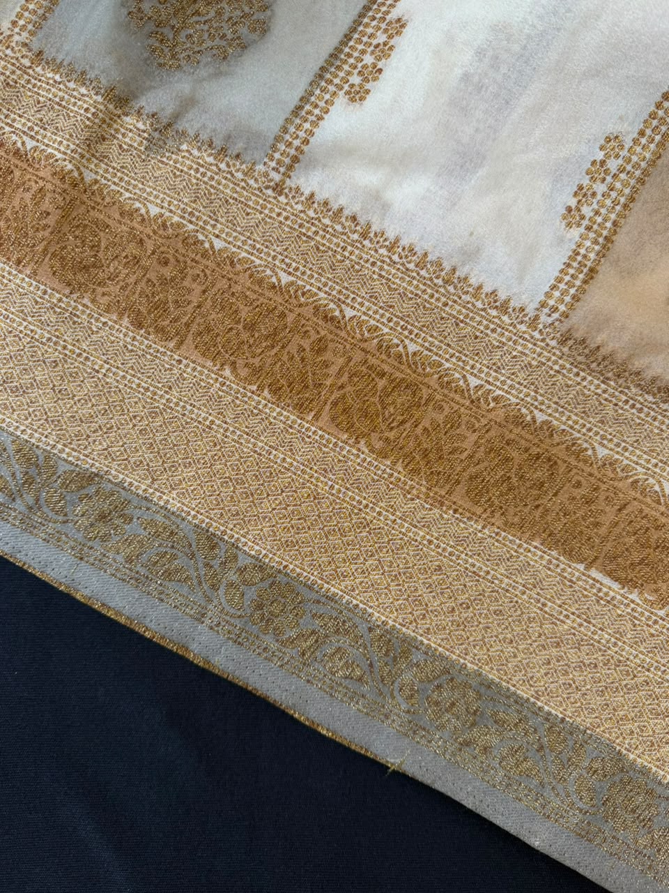 Ivory, Soft Peach & Warm Beige Zari Kaddi Georgette Saree