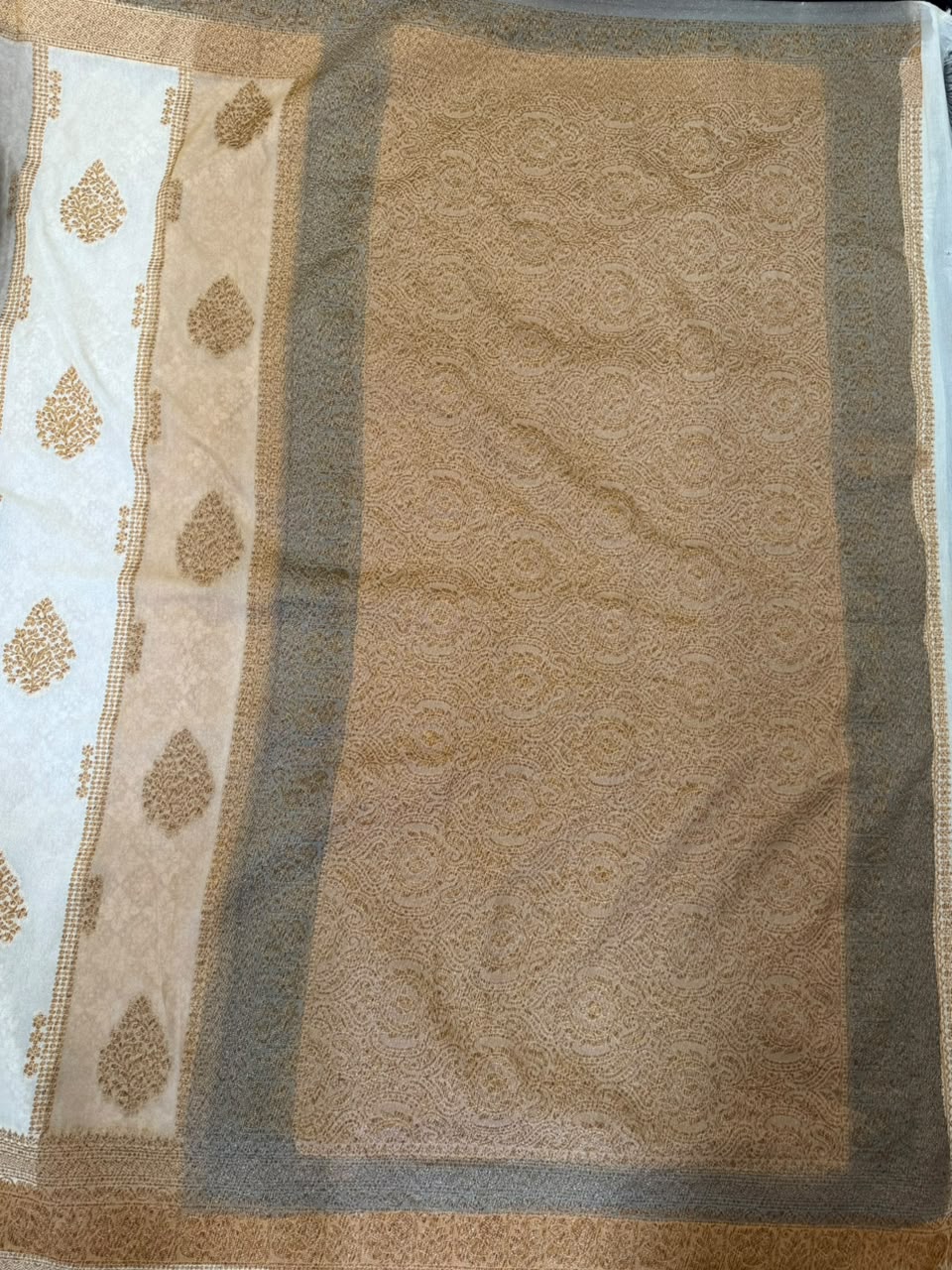 Ivory, Soft Peach & Warm Beige Zari Kaddi Georgette Saree