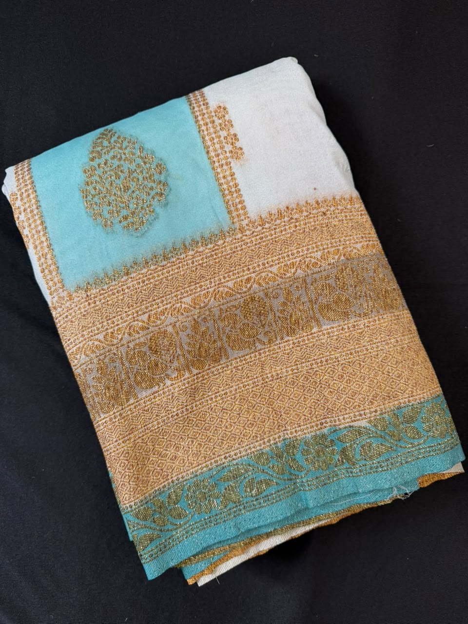 Turquoise Blue & Ivory Golden Zari Kaddi Georgette Saree