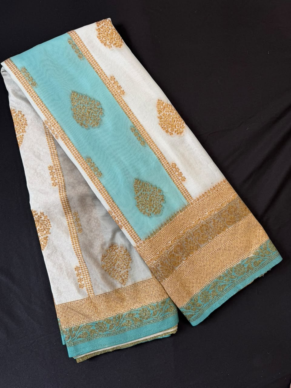 Turquoise Blue & Ivory Golden Zari Kaddi Georgette Saree