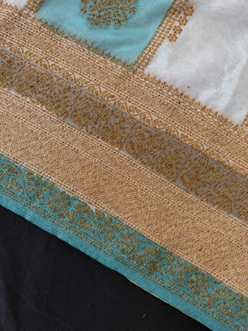 Turquoise Blue & Ivory Golden Zari Kaddi Georgette Saree